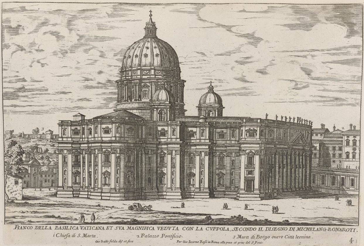 Fianco della Basilica Vaticana et sua magnifica veduta con la Cuppola secondo il disegno di Michelangelo Bonaroti by Giovanni Battista Falda (1667-1669)
