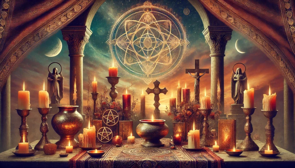 Tu Blog Espiritual 1 DALL·E 2025 01 02 18.25.40 Crea una imagen con una paleta de colores calidos y estilo mistico que represente Religiones y Tradiciones Espirituales. La imagen debe mostrar un alt