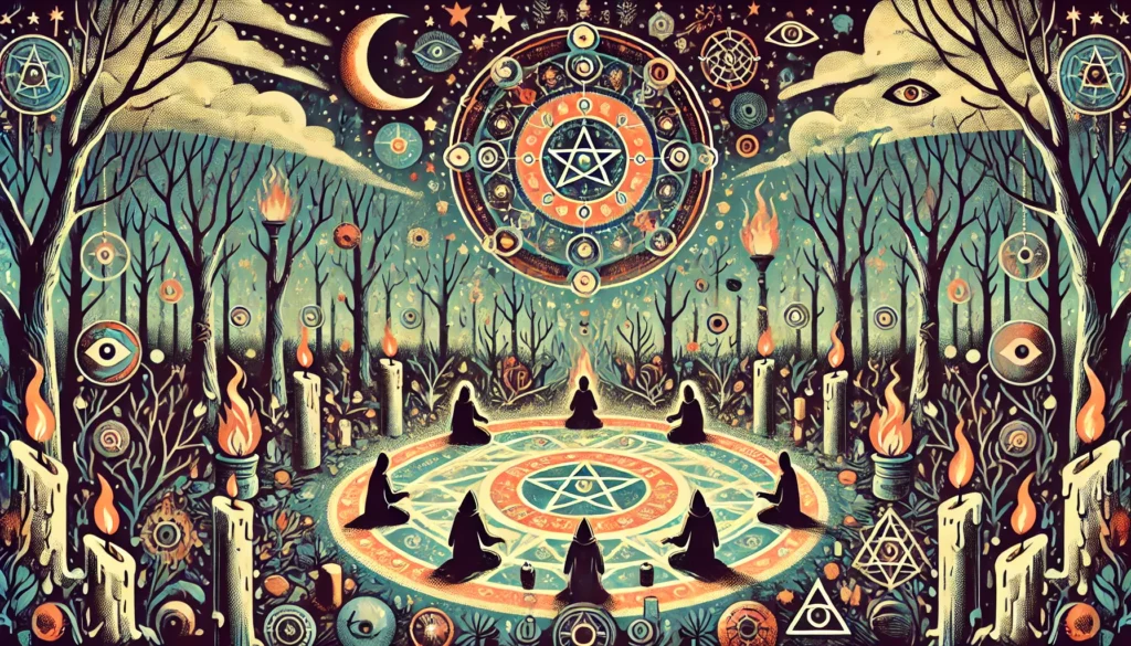 Tu Blog Espiritual 5 DALL·E 2025 01 02 18.27.23 Crea una imagen con una paleta de colores calidos y estilo mistico que represente Filosofias Esotericas y Ocultismo. La imagen debe mostrar un circulo