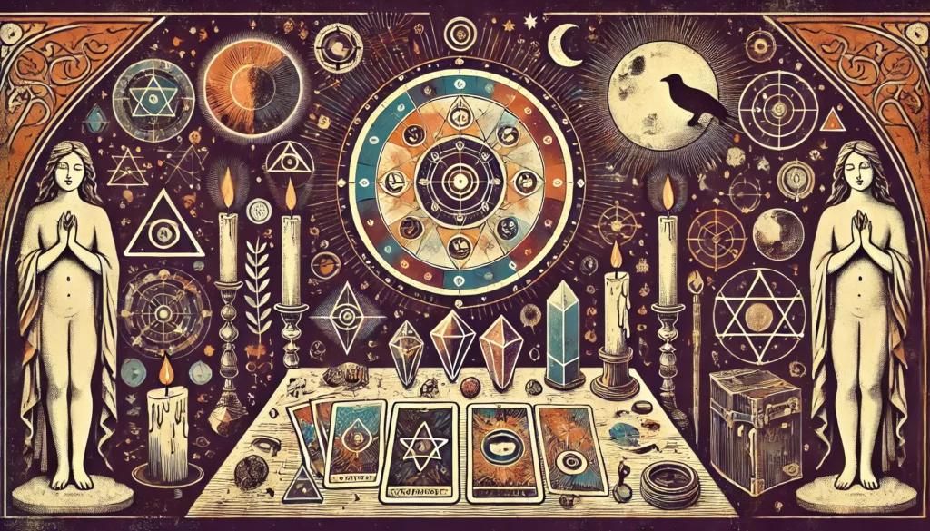 Tu Blog Espiritual 3 DALL·E 2025 01 02 18.28.10 Crea una imagen con una paleta de colores calidos y estilo mistico que represente Adivinacion y Simbolismo. La imagen debe mostrar una mesa con cartas